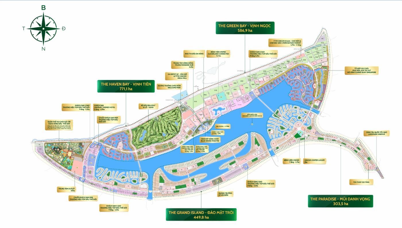 Mặt bằng tổng thể dự án Vinhomes Green Paradise Cần Giờ với 5 phân khu A, B, C, D, E cùng quy mô 2.870ha